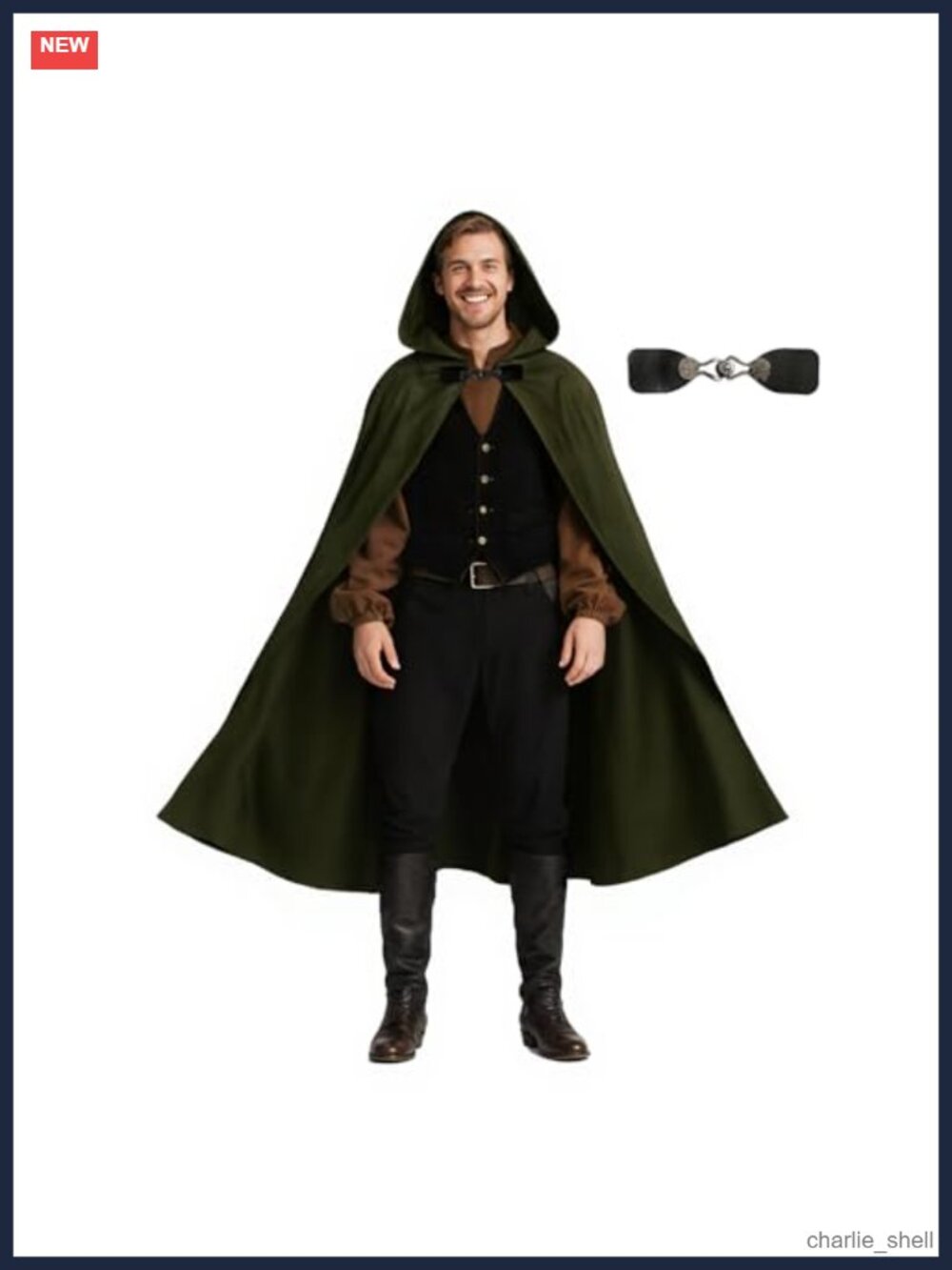 Medieval Hooded Cloak Renaissance Costume with Leather Buckle, One Size
